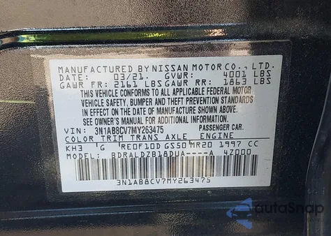 2021 Nissan Sentra Sv Xtronic Cvt из США, поврежденный, VIN 3N1AB8CV7MY263475